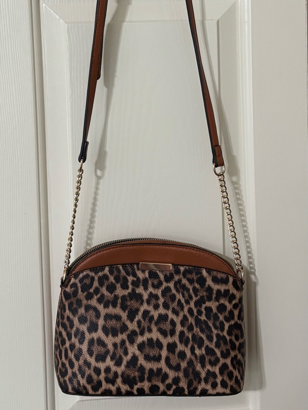 Amazon Leopard Print Crossbody Bag with Brown Trim and Gold Chain